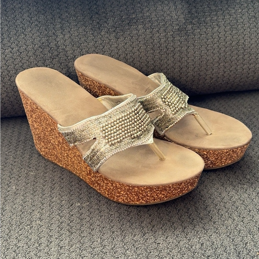 Tan and Silver Wedge Shoes with Cork Heel and Platform Sole